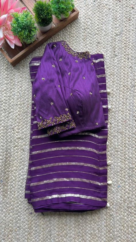 Purple Georgette Saree, Blouse Hand Work, Hand Worked Blouse, Blouse Aari Work, Saree Ready To Wear, Worked Blouse, Handwork Blouse, Ready Made Blouse, Salwar Kurti