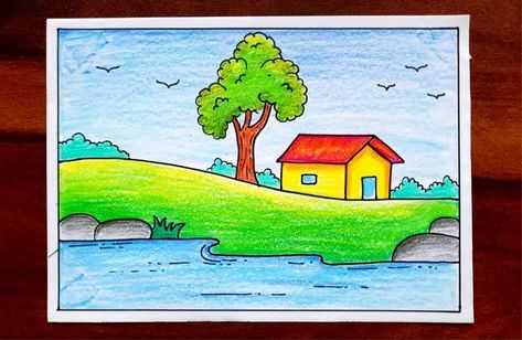 Simple Scenery Drawing For Kids, Village House Drawing, River Side House, Simple Scenery Drawing, Scenery Simple, Simple Nature Drawing, Nature Drawing For Kids, Kids Village, Easy Nature Drawings