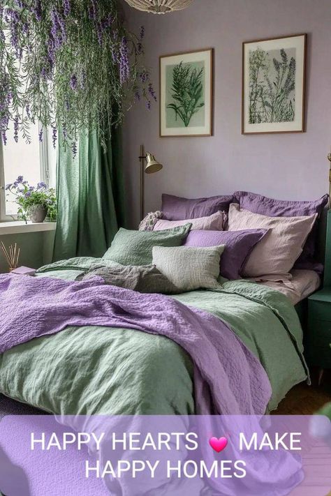 Romantic Purple Bedroom Farmhouse, Olive Green And Lavender Bedroom, Bedroom Purple Decor, Bedroom Inspirations Lavender, Mint Green And Lilac Bedroom, Purple And Mint Green Bedroom, Purple French Country Bedroom, Purple Aesthetic Apartment, Relaxing Bedroom Colours