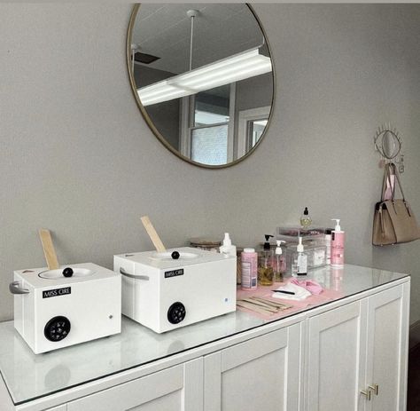 Lash Room Storage, Wax Room Aesthetic, Waxing Decor Ideas, Wax Suite Decor Ideas, Esthetician Snack Bar, Waxing Vision Board, Esthetics Organization, Wax Pot Aesthetic, At Home Wax Studio