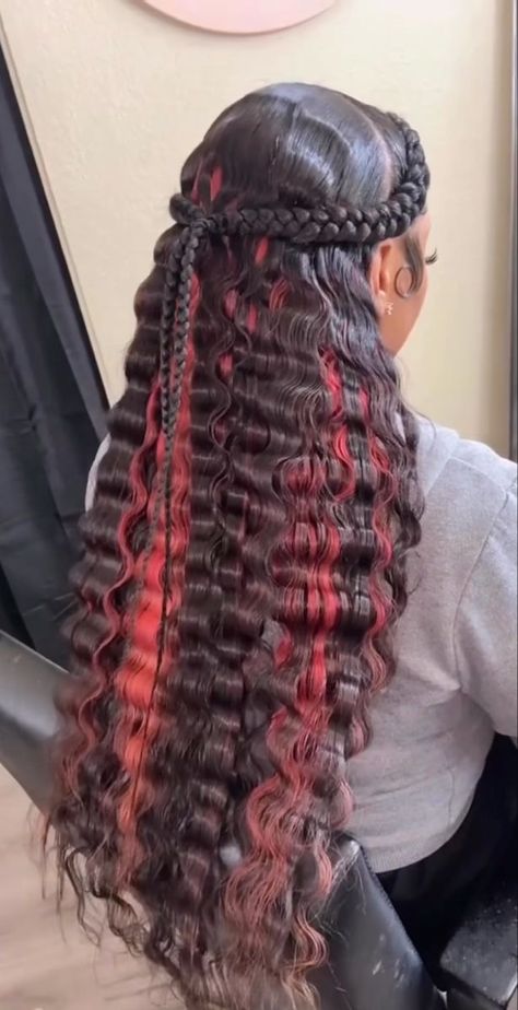 Two Braids Hairstyle With Hair Down, 2 French Braids With Weave In Back, Prom Braided Hairstyles For Black Women, Criss Cross Rubber Band Quickweave, Half Up Half Down With Two Strands, 13 Birthday Hairstyles Braids, Outfits Ideas Birthday, 2 Braids With Weave In The Back, Dope Hairstyles Braids