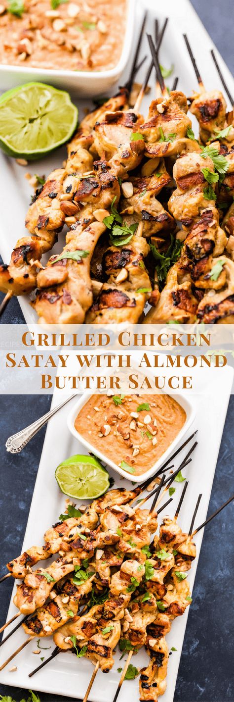 Grilled Chicken Satay with Almond Butter Sauce is a recipe you'll be making over and over again! Marinated in coconut milk and flavorful spices, grilled and served with a mouthwatering sweet and spicy almond butter sauce for dipping. Grilled Lemongrass Chicken, Grilled Chicken Satay, Lemongrass Curry, Almond Butter Sauce, Recipe Runner, Marinade Chicken, Spicy Almonds, Lemongrass Chicken, Almond Chicken