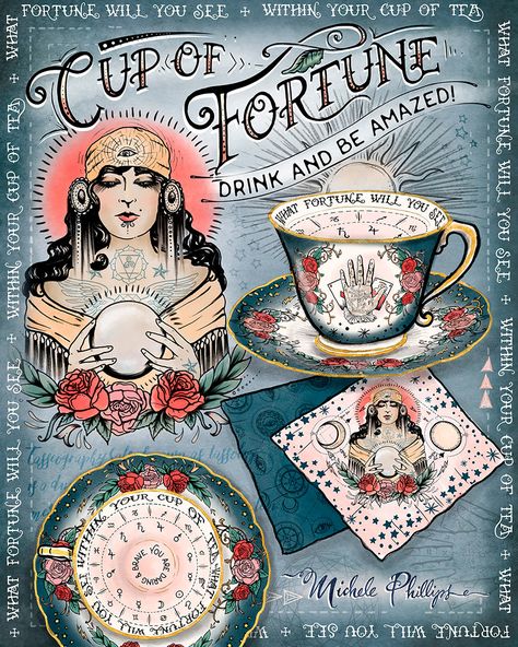 Cup of Fortune mystical tea set for tasseology - illustration by Michele Phillips - ink and paint Coffee Fortune Telling, Fortune Telling Illustration, Reading Tea Leaves, Farm Logo Design, Tea Reading, Matchbox Art, Cafe Art, Fortune Telling, Fortune Teller