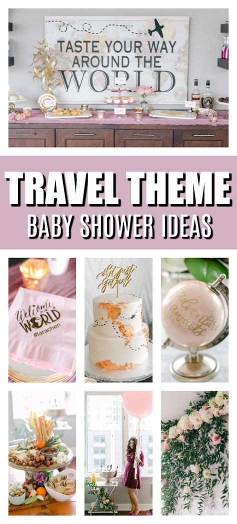 Around the World Travel Theme Baby Shower on Pretty My Party #prettymyparty #travelthemedbabyshower #traveltheme #babyshowerideas #babyshower #babygirlshower Adventure Baby Shower Theme, Baby Shower Images, Shower Images, Around The World Theme, Adventure Awaits Baby Shower, Travel Baby Shower Theme, Travel Baby Showers, Adventure Baby Shower, Travel Party Theme