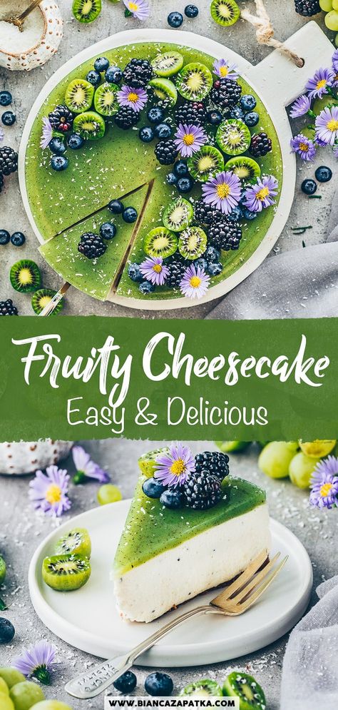 Vegan Jelly Cake, Overripe Kiwi Recipes, Kiwi Dessert Recipes, Recipes With Kiwi, Kiwi Recipes Dessert, Kiwi Tart, Kiwi Cheesecake, Green Cheesecake, Kiwi Pie