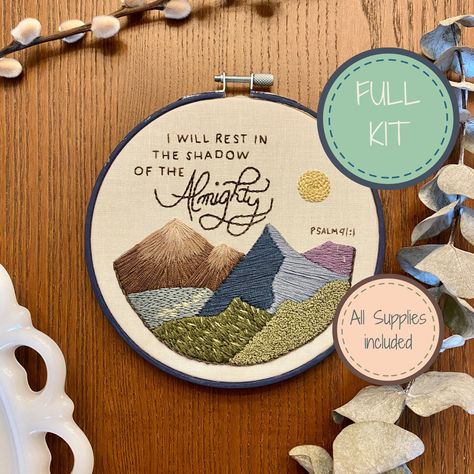 "This kit has ABSOLUTELY EVERYTHING you need to complete this project! **No need to go to the store 🏔Whoever dwells in the shelter of the Most High will rest in the shadow of the Almighty. Psalm 91:1 This beautiful mountain landscape reminds us that we are safe in the arms of our Creator and Lord. This pattern is ideal for absolute beginners as well as experienced embroiderers.  Detailed instructions guide you from start to finish. What's included? fabric for stitching backing fabric 6\" hoop full and partial skeins of thread, with plastic bobbins for organization size 5 embroidery needle  transfer pen to trace your design (heat erasable) - optional add on crane embroidery scissors - optional add on  QR code link to PDF with detailed instructions, pattern, & stitching guide links to instr Scripture Cross Stitch, Psalm 91 1, Christian Embroidery, Shadow Of The Almighty, Diy Embroidery Kit, Psalm 91, Embroidery Scissors, Embroidery Patterns Free, Embroidery Needles