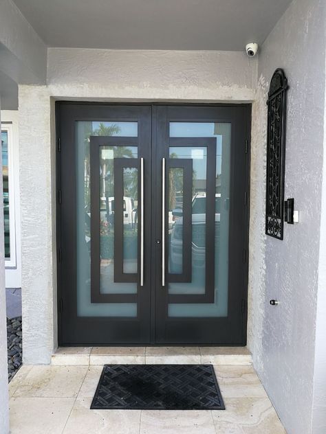 Impact Double Front Doors, Double Doors Exterior Entrance Modern, Impact Doors Entrance, Modern Double Entry Doors, Modern Iron Front Door, Steel Door Design Front Entry, Double Exterior Doors Front Entry, Front Double Door Ideas, Modern Double Doors Entrance