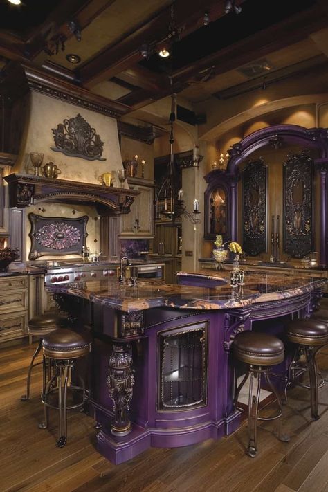 elegant dark purple kitchen Dark Purple Kitchen, Purple Kitchens, Purple Kitchen Designs, Lilac Kitchen, Home Haunted House, Lilac Walls, Magical Spaces, Lavender Walls, Haunted House Decor