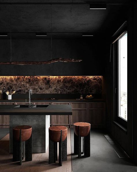 28 Likes, 0 Comments - Architecture Desires (@architecture.desires) on Instagram: “🔖 #architecture_desires Dark kitchen interior with amazing marble at back side ........ 📌 Tag…” Creative Kitchen Backsplash, Bold Kitchen, Modern Kitchen Ideas, Barn Kitchen, Dark Elegance, Sleek Kitchen, Dark Kitchen, Studio Kitchen, Stunning Kitchens