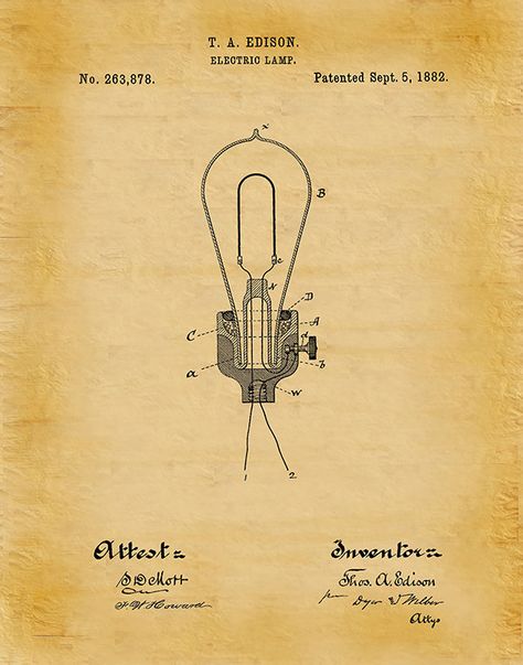 Thomas Edison Light Bulb, Edison Inventions, Edison Light, Edison Lighting, Electric Light, Electric Lamp, Thomas Edison, Electric Lighter, Patent Prints