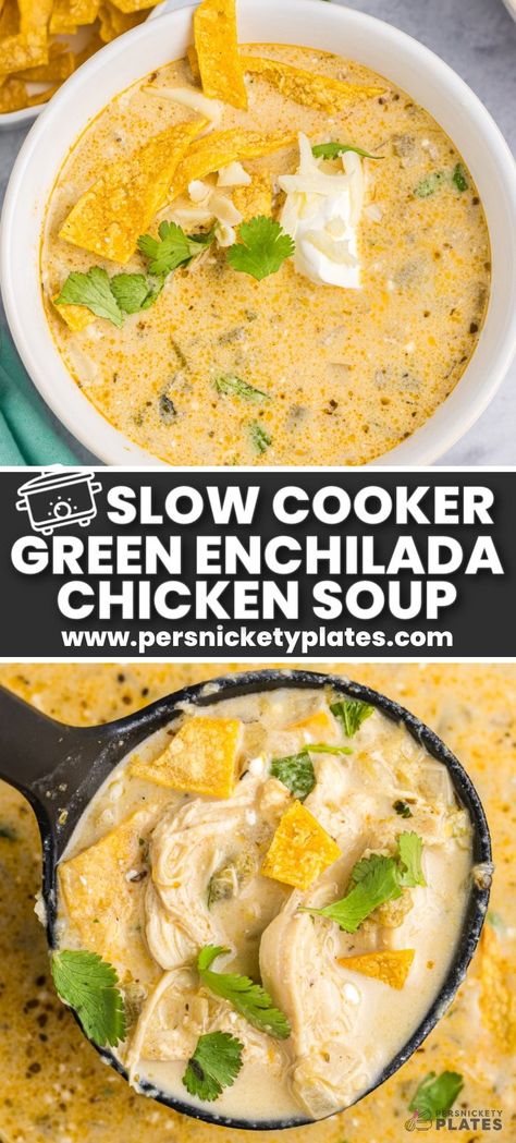 Slow Cooker Green Enchilada Soup takes everything you love about salsa verde chicken enchiladas and puts it in soup form. It's especially easy because it's a crock pot recipe! Green Enchilada Soup, Enchilada Soup Crockpot, Green Enchilada Chicken Soup, Enchilada Chicken Soup, Green Chili Chicken Soup, Salsa Verde Chicken Crockpot, Verde Chicken Enchiladas, Green Chili Soup, Chicken Enchilada Soup Crock Pot