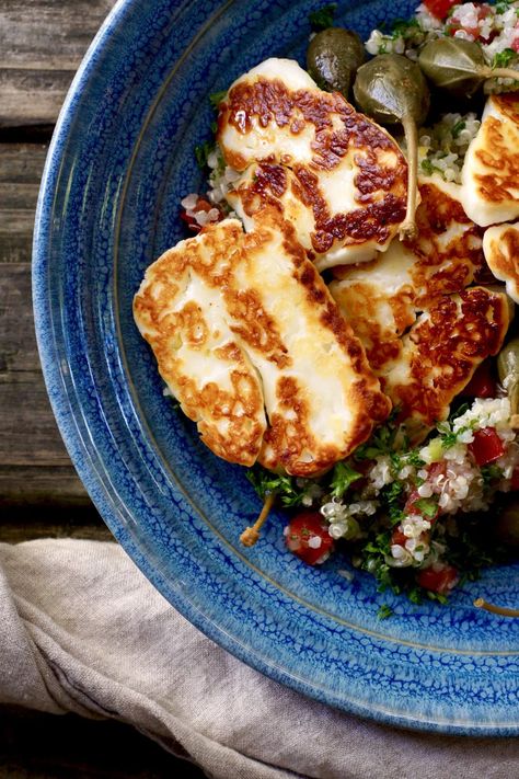 seared Halloumi Seared Halloumi, Baked Halloumi, Halloumi Cheese, Halloumi Salad, Grilled Halloumi, Tomato Relish, Grain Salad, Nigella Lawson, Plum Tomatoes