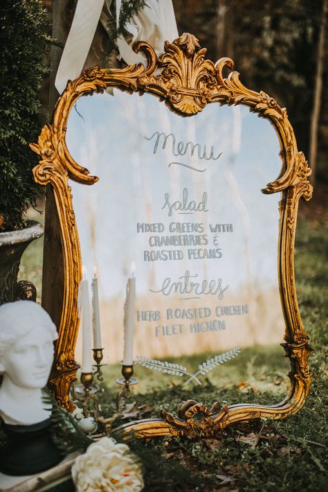 One of the most important parts of the wedding is, arguably, the food. Introduce your thought-out cuisine with one of these unique, unexpected menus, that are sure to impress your guests. Mirror Wedding Signs, Wedding Aisles, Wedding Table Menus, Tuscan Inspired Wedding, Wedding Mirror, Mirror Sign, Wedding Entrance, Geometric Wedding, E Mc2