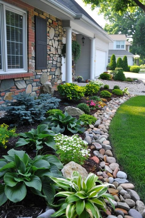 Use native plants that are well-suited to your local climate for a natural, sustainable look. Front Garden Bed Landscaping, Landscaping Beds With Rock, Landscape Around The House, Front Yard Landscaping Minnesota, Sideyard Landscape Design Modern, Landscape Designs For Front Yard, House Border Landscape, Island Landscaping Ideas Front Yards, Sloped Landscape Ideas