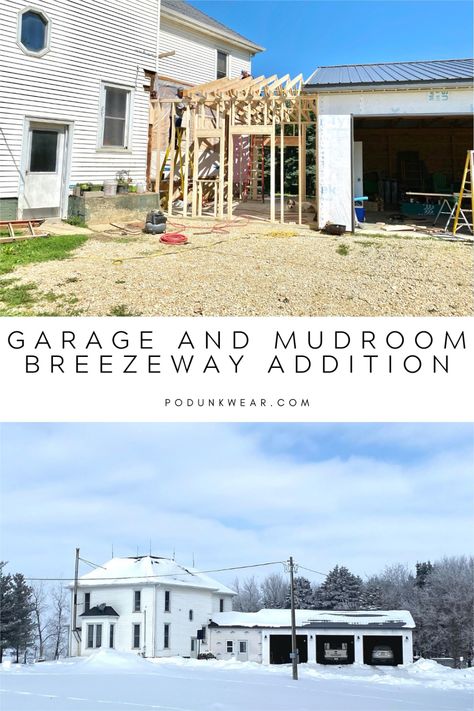 Adding An Attached Garage To House, Mud Room Between Garage And House, Breezeway Laundry Room, Elevated Breezeway To Garage, Hallway Addition, Addition With Basement, Garage Addition Ideas Attached Farmhouse, Attaching Garage To House Ideas, Attach Garage To House Ideas