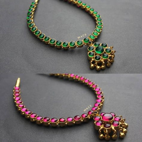 Reversible Addigai From Macs Jewellery ~ South India Jewels Ruby Emerald Necklace, Emerald Necklace Set, Black Metal Jewelry, Ruby Necklace Designs, Gold Temple Jewellery, Antique Necklaces Design, Antique Gold Jewelry Indian, Gold Jewelry Simple Necklace, Gold Necklace Indian Bridal Jewelry