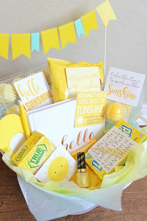 Basket of Sunshine Basket Of Sunshine, Box Of Sunshine, Bff Birthday Gift, Yellow Gifts, Birthday Gift Baskets, Cute Birthday Gift, Acts Of Kindness, Birthday Gifts For Best Friend, End Of The Year