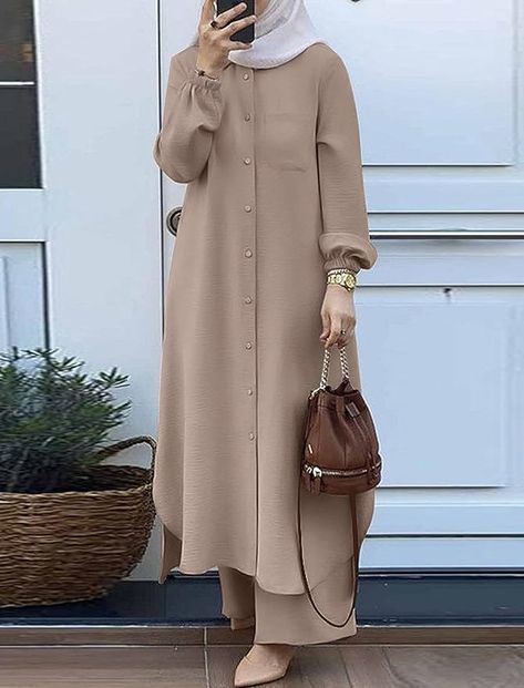 Islamic Casual Outfits For Women, Abaya With Pants Outfit, Long Hijab Outfit, Long Tops Designs For Muslims, Muslim Dress Design, Hijabi Dresses Casual, Long Shirts For Women, Islamic Dress For Women, Fancy Robes