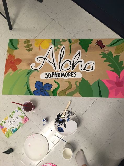 Tropical Hallway Decor, Tropical Night Football Game, Hallway Decorating Spirit Week, Spirit Week Hallway Ideas, Spirit Day Poster Ideas, Tropical Hoco Theme, Hawaiian Pep Rally Posters, Hawaiian Themed Pep Rally, Aloha Pep Rally