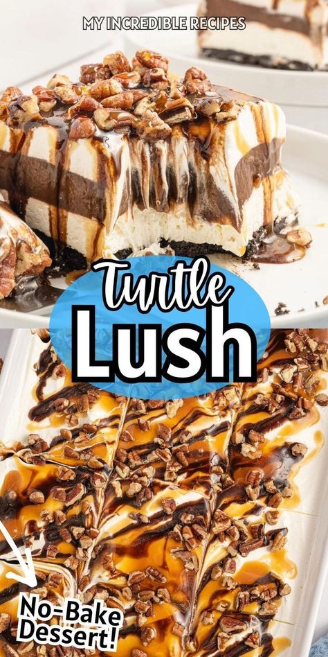 Turtle Lush, Turtle Dessert, Oreo Cookie Flavors, Lush Dessert, Lush Recipes, Chocolate Turtles, Caramel Desserts, Dessert Bar Recipe, Layered Desserts