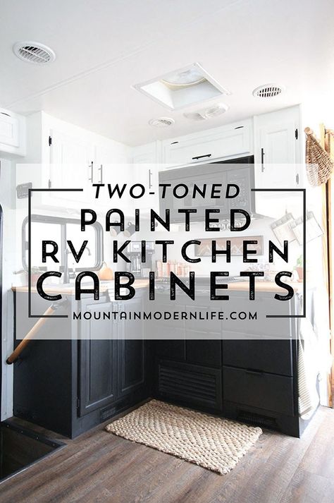 Planning to paint your tiny kitchen and considering using black? Check out these two-toned painted RV kitchen cabinets! Rv Kitchen Cabinets, Paint Rv, Rv Cabinets, Diy Camper Remodel, Renovation Budget, Rv Kitchen, Plywood Cabinets, Black Kitchen Cabinets, Rv Renovations