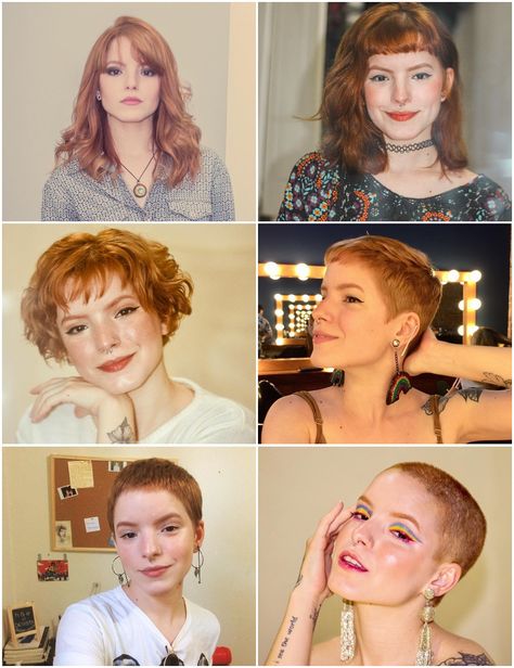 Shaved Head Women Style, Redhead Buzzcut, Shaved Head Grow Out Stages, Grow Out Buzz Cut Women, Pixie Before And After, Buzz Cut Grow Out, Growing Out Buzzcut Women, Growing Out A Buzzcut Women, Growing Out Buzzcut Hairstyles