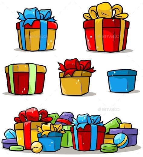 Cartoon Colored Presents and Different Gift Boxes - Vector EPS Gifts Drawing Christmas, Cartoon Christmas Presents, Christmas Gift Illustration, Presents Illustration, Present Cartoon, Present Clipart, Christmas Gift Drawing, Cartoon Present