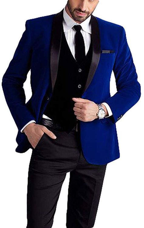 Men's One Button Royal Blue Suit Velvet Jacket Black Vest Pants Wedding Suits Groom Tuxedos Royal Blue 34 Chest / 28 Waist at Amazon Men’s Clothing store: Wedding Suit For Men, Grey Mens Suit, Tuxedos Wedding, Groom Tuxedo Wedding, Designer Tuxedo, Tuxedo Wedding Suit, Blue Tux, Best Wedding Suits, Royal Blue Suit