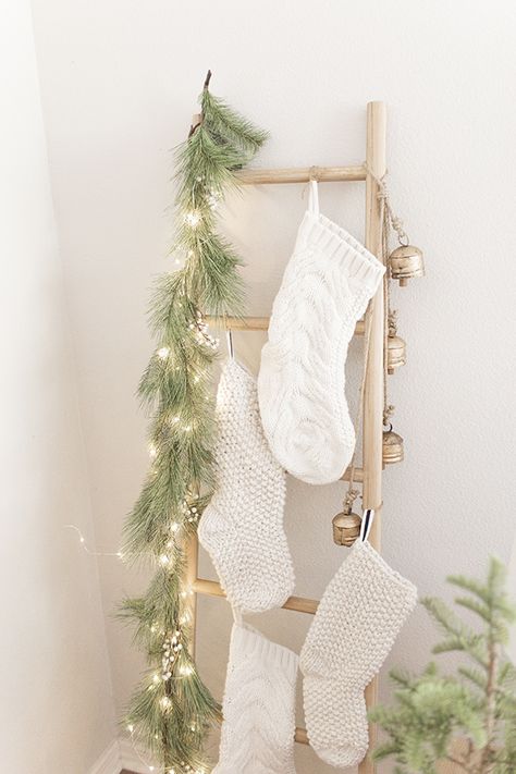 Get Festive with Knitted Stockings Blanket Ladder Stocking, Display Stockings Without Mantle, Stockings Above Fireplace, Christmas Stockings On Blanket Ladder, Diy Stocking Ladder, Ladder For Stockings, Sticking Hanging Ideas No Fireplace, Stocking On Ladder, Mini Sleigh Decorating Ideas