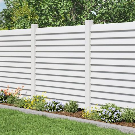 Freedom Louvered 6-ft H x 6-ft W White Vinyl Flat-top Fence Panel in the Vinyl Fencing department at Lowes.com White House Fence Ideas, White Horizontal Privacy Fence, White Vinyl Fence Around Pool, White Vinyl Privacy Fence, White Wood Privacy Fence, White Fencing Front Yard, White And Wood Fence, Privacy Fence Ideas White, 6 Ft Privacy Fence Ideas