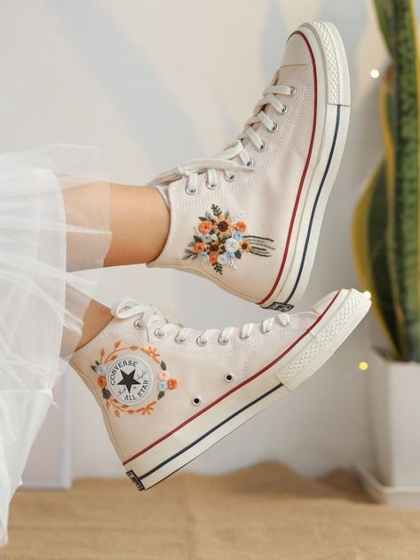 Embroidered Converse Wedding Shoes Embroidered, Wedding Sneakers For Bride Converse, Embroider Converse, Embroided Shoes, Gemma Core, Momo Twins, Wedding Converse Bride, Embroidered Converse High Tops, Shoe Embroidery