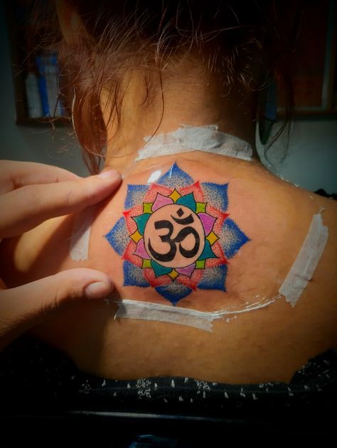 om Mandala tattoo colour tattoo dotwork dotart Om Tattoo Color, Om Mandala Tattoo, Ohm Tattoo, Tattoo Colour, Mom Dad Tattoo Designs, Om Mandala, Mantra Tattoo, Colour Tattoo, Dad Tattoo