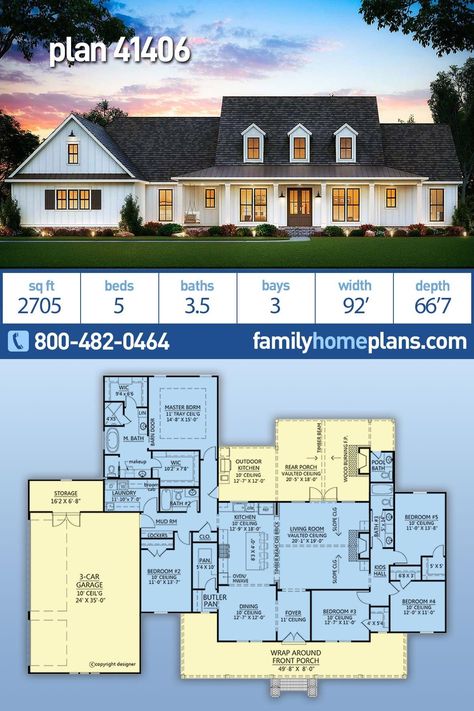 Country, Farmhouse House Plan 41406 with 5 Beds, 4 Baths, 3 Car Garage 5 Bedroom 3 Car Garage House Plans, 5 Bedroom House Floor Plan One Level Wrap Around Porch, One Level House Plans With Garage, Modern Farmhouse 5 Bedroom, 5 Bedroom House Floor Plan 2 Story Farmhouse, 5 Bedroom House Floor Plan Wrap Around Porch, House Design 5 Bedroom 1 Floor, Modern Ranch With Pool, Million Dollar Farmhouse