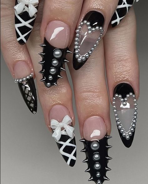 Corset Nails Designs, Nails With Spikes, Nail Asthetic, Ongles Goth, Nail Artwork, 2023 Hair, Punk Nails, Gothic Nails, Goth Nails