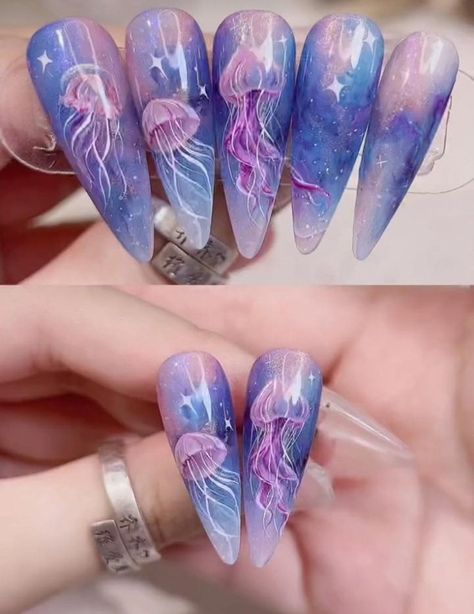 Nature Inspired Nail Art, Difficult Nail Designs, Fish Nails, Genshin Cosplay, Stunning Nails, Fantasy Nails, Amazing Nails, Painted Nails, Mermaid Nails