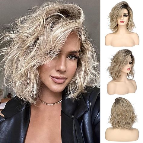 Trendy Perms, Curly Rockstar Hair, Medium Blonde Hair With Bangs, Half Up Bob, Blond Wigs, Blonde Cosplay Wig, Wigs For White Women, Blond Ombre, Curly Bob Wigs