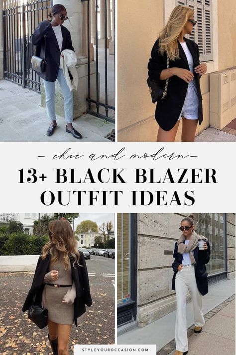 Looking for black blazer outfits for women? Check out these black blazer outfit ideas including cropped blazer and oversized black blazer outfit ideas. There’s casual and dressy looks for a night-out, classy occasion, a formal or elegant evening, and for work. See how to wear a black blazer with jeans, a dress, a skirt, or shorts. You’ll love these ideas for spring, summer, fall, and winter. Black Blazer Outfit Work, Oversized Black Blazer Outfit, Blazer Outfits For Women Work, Blazer Outfit Ideas For Women, Black Blazer Outfit Ideas, Brunch Outfit Black Woman, Blazer And Shorts Outfit, Black Blazer Casual, Black Blazer With Jeans