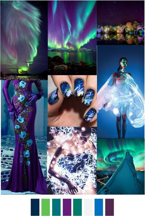 Northern Lights - Autumn/Winter 16/17 blue, green, purple, vibrant, lights, fashion mood board Northern Lights Theme Dress, Northern Lights Clothing, Avant Garde Mood Board, Northern Lights Inspired Dress, Northern Lights Dress, Northern Lights Fashion, Northern Lights Theme, Iridescent Clothing, Glowing Beach