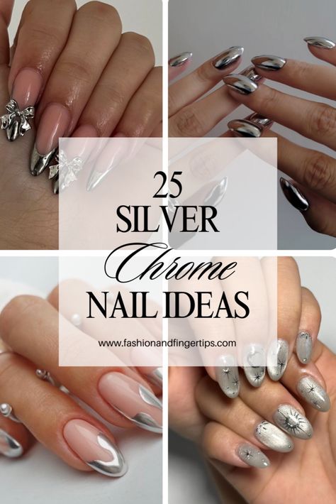 Discover cool and trendy silver nail ideas without 25+ trendy silver chrome nail designs, one of the best nail trends for 2024/2025. We’re sharing almond, square, coffin, and French tip silver chrome nail inspiration. Click through for the best silver nails, silver tip nails, silver chrome nails, and mirror nail ideas. Trendy nails, cool nails Silver Chrome Nail Designs, Silver Chrome Nails Designs, French Tip Silver, Silver Tip Nails, Chrome Nail Design, Silver Chrome Nails, Chrome Nail Ideas, Chrome Nail Designs, Chrome Nails Designs