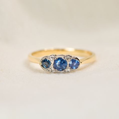 Edwardian Vintage Sapphire & Diamond Three Stone Trilogy Ring Size N - Engraved Detailing Engagement Ring or Perfect Birthstone Promise Ring by FarringdonsJewellery on Etsy Sapphire Trilogy Ring, Birthstone Promise Rings, Edwardian Ring, Detailed Engagement Ring, Trilogy Ring, Art Deco Diamond Rings, Vintage Sapphire, Jewelry Tattoo, Art Deco Diamond