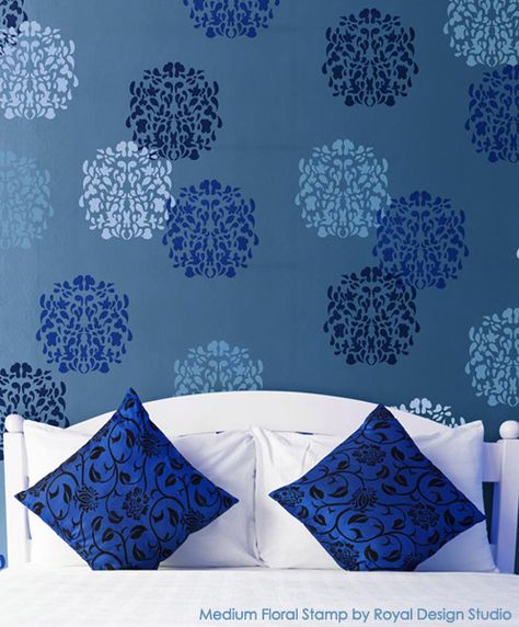 Medium Floral Stamp Stencil on Feature Wall | Bari J Stencil Collection by Royal Design Studio Easy Wall Painting, Royal Blue Bedrooms, Royal Design Studio Stencil, Wall Stencil Patterns, Wall Texture Design, Bedroom Wall Designs, Wall Stencil, Wall Paint Designs, Wall Paint Colors