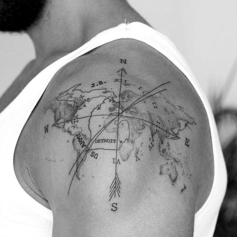 Compass Theme, Tattoo Map, World Map Tattoo, Compass Tattoo Men, World Map Tattoos, Globe Tattoos, Map Tattoo, Map Tattoos, Inspiration Tattoos