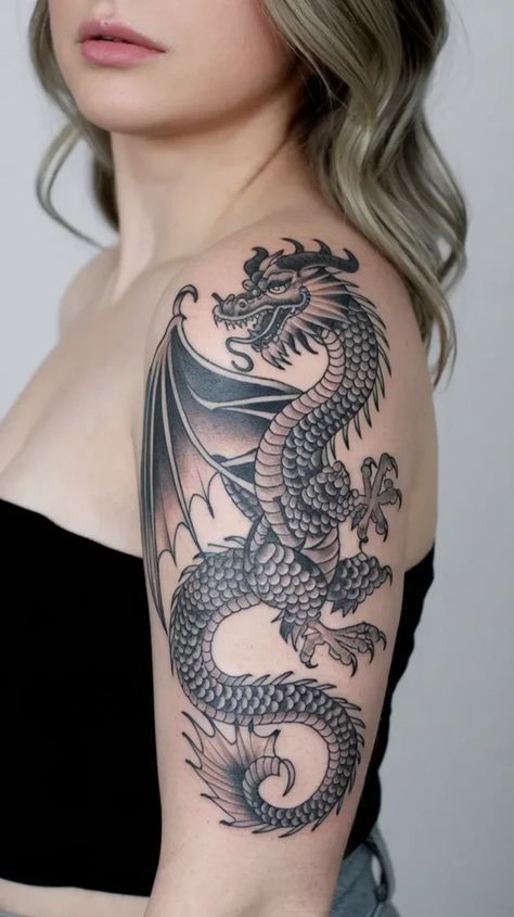 Western Dragon Tattoo, Tattoo Wrapped Around Arm, Dragon Tattoo Wrapped Around Arm, 3d Dragon Tattoo, Dragon Tattoo Styles, Traditional Japanese Dragon, Western Dragon, Celtic Dragon Tattoos, Dragon Sleeve