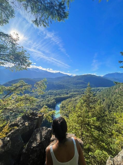 Girl sitting by a pretty view after a hike to the hill top with river flowing down the hill. 

Hike outfit summer hiker girl aesthetic Kelowna British Columbia Aesthetic, Tofino British Columbia Aesthetic, British Columbia Summer, British Columbia Aesthetic, Columbia Aesthetic, Wilderness Aesthetic, Sister Bond, Tofino British Columbia, Pretty Scenery