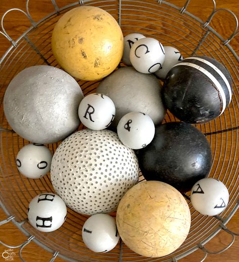 Ideas For Decorating With Balls - Rustic Crafts & Chic Decor Decorative Balls Centerpiece, Decorative Balls In Bowl Centerpieces, Coffee Table Trays Ideas, Croquet Balls, Coffee Table Trays, Vintage Pool, Tall Glass Vases, Rustic Decorating, Twine Diy