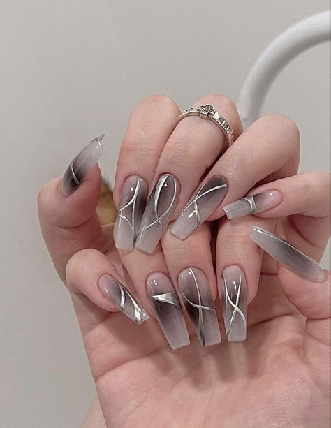 Fake Nails Designs, Asian Nails, Punk Nails, Grunge Nails, Blush Nails, Ballerina Nails, Kawaii Nails, Silver Nails, Square Acrylic Nails