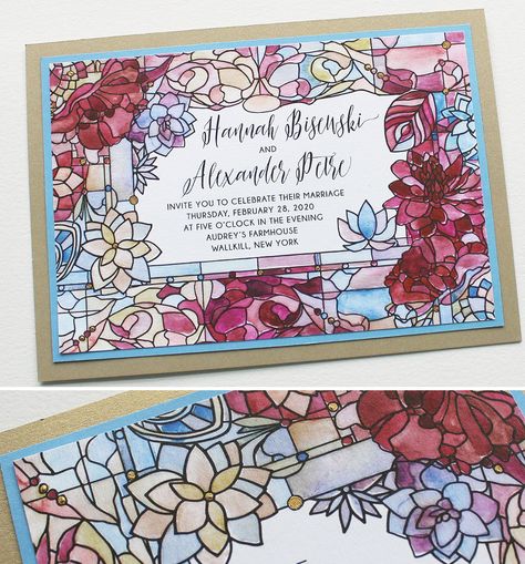 Stained Glass Wedding Invitations Stained Glass Invitation, Stained Glass Wedding Invitation, Glass Wedding Invitations, Mehendi Invite, Stained Glass Wedding, Watercolour Wedding Invitations, Watercolor Wedding Invites, Stained Glass Watercolor, Hand Painted Wedding Invitations