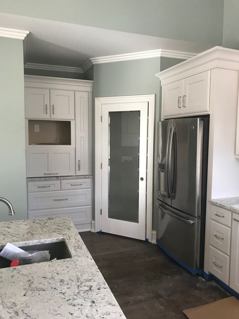 Corner Kitchen Pantry Next To Fridge, Fridge Next To Corner Pantry, Corner Pantry Next To Refrigerator, Corner Pantry Next To Fridge, Fridge In Corner Of Kitchen, Corner Fridge, Frosted Glass Pantry Door, Corner Kitchen Pantry, Small Kitchen Redo