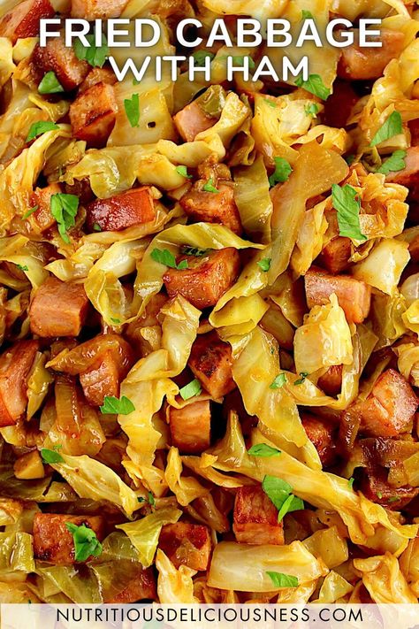 This Fried Cabbage with Ham recipe features tender ribbons of cabbage and chunks of smoky ham sautéed in a flavorful tangy sauce. With the perfect balance of savory flavors, it's an irresistible easy weeknight dinner. Fried Cabbage And Sausage, Ham And Cabbage Recipe, Fry Cabbage, Ready Recipes, Fried Cabbage With Sausage, Ham And Cabbage, Ham Dishes, Sautéed Veggies, Bacon Fried Cabbage