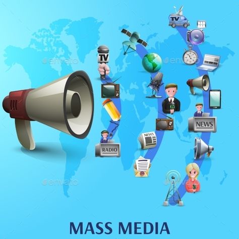 Mass media poster with news makers and devices icons on waves from big megaphone cartoon vector illustration. Editable EPS and Ren Indian Institutes Of Management, Guidance Counseling, University Of Delhi, Media Poster, Media Communication, Child Psychology, Mass Media, Digital Storytelling, Mass Communication